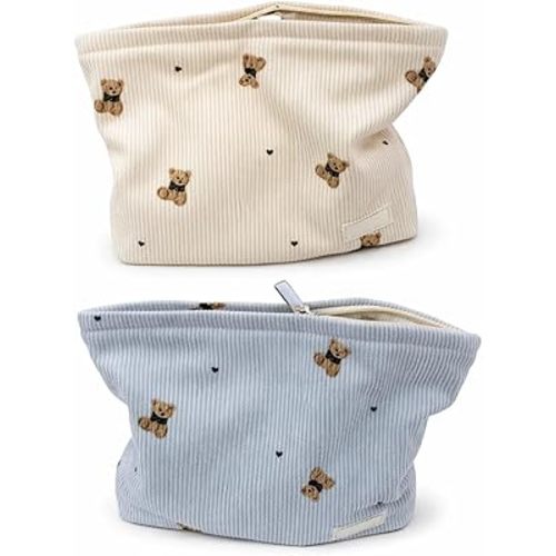 2 PCS Teddy Bear Makeup Bag, Teddy Bear Bag for Cosmetic Storage, Cute Makeup Bag with Bear Design, Blue and White Teddy Bear Pouch
