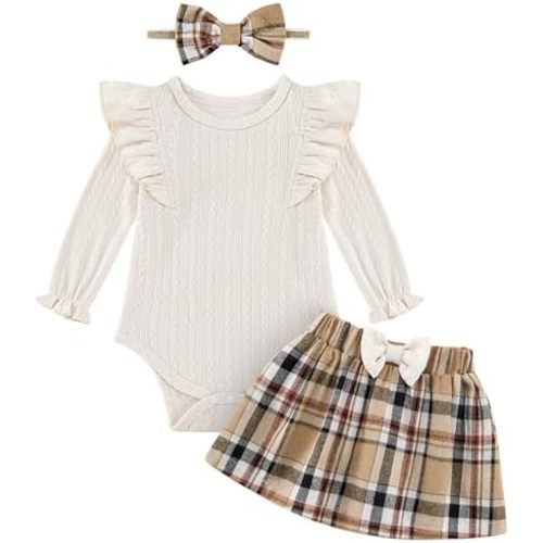 Weixinbuy Baby Girl Fall Skirt Outfits Toddler Long Sleeve Romper Plaid Skirt with Headband Newborn Infant 0-18M Clothes Set