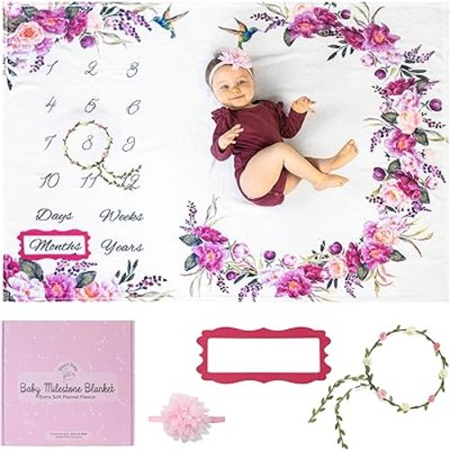 Bliss n' Baby Monthly Milestone Blanket for Baby Girl - 60"x40" - Wrinkle Free Baby Age Month Blanket with Growth Chart - Washable & Dryable - w/Wreath & Headband - Floral Theme