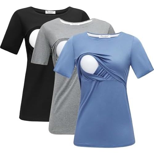 Bearsland Women's 3 Packs Maternity Nursing Tops Short Sleeve Breastfeeding Shirts
