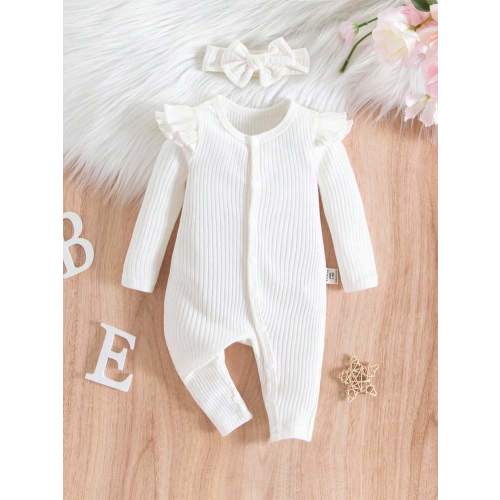 SHEIN Newborn Baby Girl Solid Color Long Sleeve Jumpsuit With Ruffle Trim And Footed Pants Cute Baby Pajamas for Sale Australia| New Collection Online| SHEIN Australia
