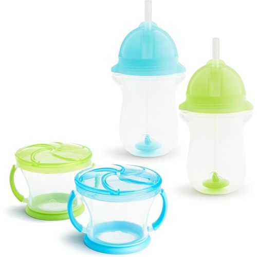 Munchkin Happy Snacker Toddler Cups Set - 10oz Weighted Straw Cup | Any Angle Design | 9oz Snack Catchers | Green/Blue | Snack Containers