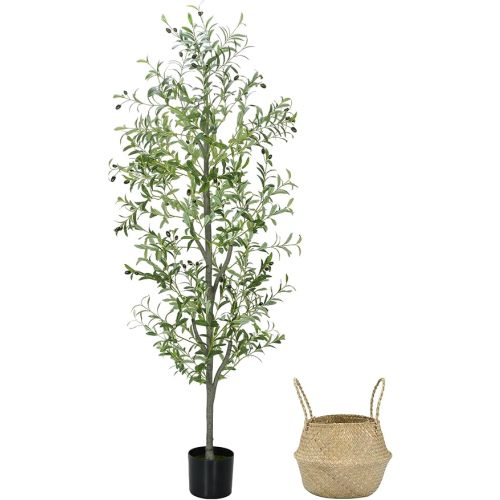 Faux Olive Tree 6FT Silk Plant Artificial Indoor, 6 FT Fake Potted Olive with Wicker Basket Planter, Tall Artificial Olive Trees with Natural Wood Trunk & Fruits for Home Office, 6 Feet (72")