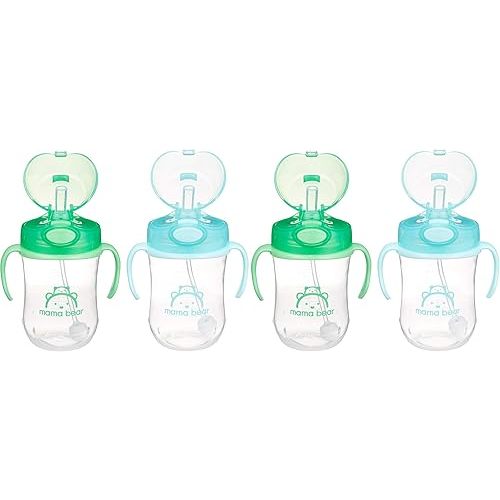 Amazon Brand - Mama Bear Silicone Weighted Straw Sippy Cup, 9 Ounces, Pack of 4, Blue/Green