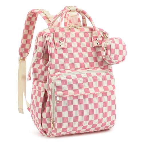Corduroy Diaper Bag Backpack, Large Capacity Multifunction Baby Diaper Bags for Women, Insulated Bottle Pockets & Pacifier Case, Stylish Travel Nappy Changing Bags for Mom Dad (Checkered Pink)