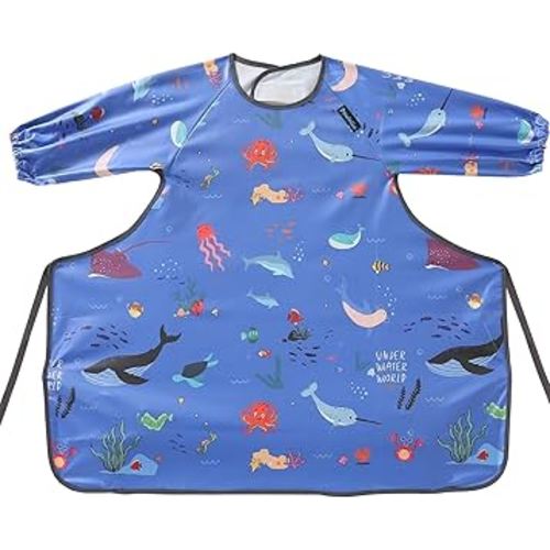 Weaning Bib & BLW Attaches and Fully Cover to Baby Highchair, Long Sleeves Bib with Waterproof, Comfortable,Machine Washable, Suitable for Baby Infant -Blue