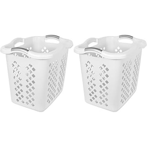 2-bushel capacity laundry baskets with silver handles, white, 2-pack