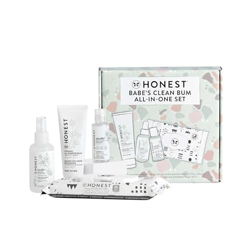 The Honest Company Babe's First Mess Gift Set | Fragrance Free Newborn Essentials | 99% Water Wipes, All Purpose Balm, Bottom Wash, Baby Detergent