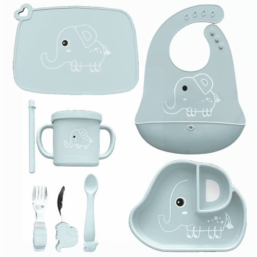 SnD Plus Silicone Baby Feeding Set – 8 PCS Toddler Self-Feeding Set with Suction Plate, Placemat, Adjustable Bib, Sippy Cup, Straw, Two Spoon, Fork – Blue Elephant