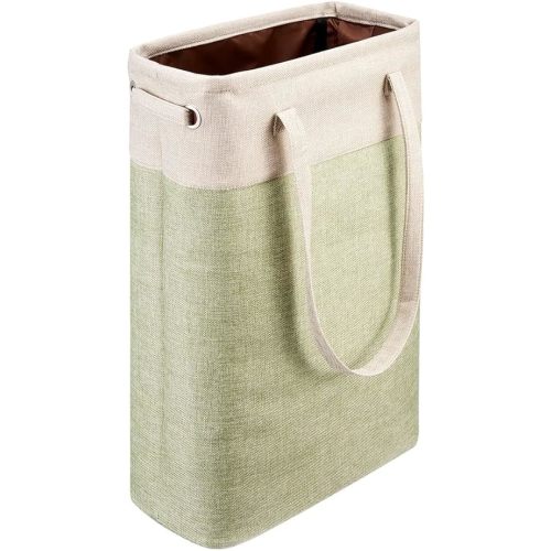 i BKGOO Laundry Basket with Handles Beige&Green Slim Laundry Bin Collapsible Dirty Clothes Basket Narrow Laundry Bag Foldable Dirty Hamper for Camping, Dorms, Apartments