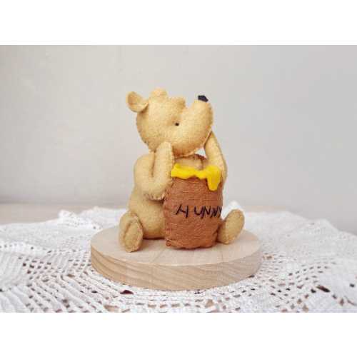 Classic Winnie the Pooh Felt Figurine, Vintage Pooh with Honey Pot Table Decor, Handcrafted Nursery Shelf Decor, Keepsake Gift