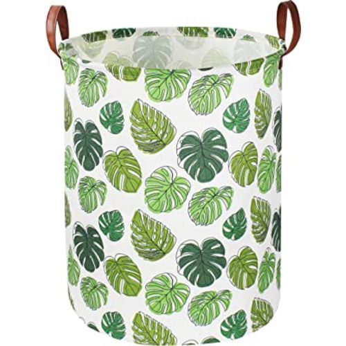 Round Green Laundry Hamper, Jungle Themed Nursery Decor, Tropical Pattern Basket, Monstera Room Decor,Waterproof Storage Bin, Gift Basket(Leaf)
