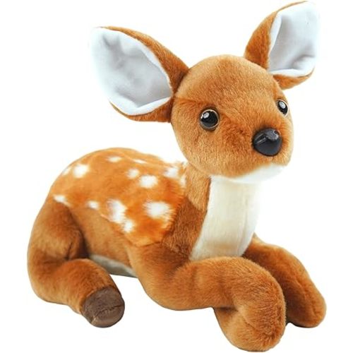 Realistic Stuffed Deer Plush - 10'' Lying Pose Female Doe with Graceful Posture, Soft Cuddly Toy for Kids & Adults, Woodland Wildlife Stuffed Animal Ideal Gift for Cuddles & Bedroom Decor