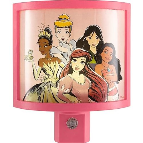 Disney Princess Wrap Shade LED Night Light, Plug-in, Dusk to Dawn, Girls Bedroom Decor, Ambient Lighting, Sleep Light, Ideal for Nursery, Bathroom, 60734