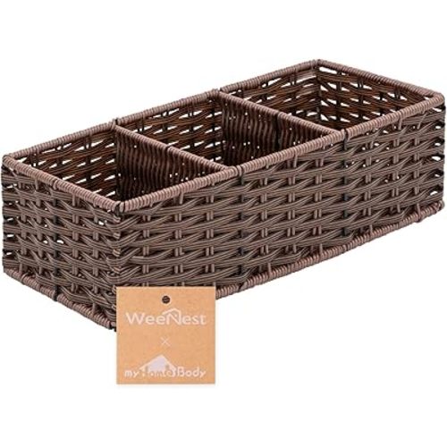 myHomeBody Wicker Basket With 3 Compartments, For Toilet Tank Paper Rolls, Hand Woven Bathroom Countertop Organizer, Bedroom Organization, 1pc, Dark Walnut