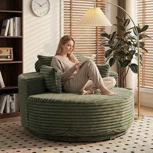 55" Oversized Round Single Swivel Indoor Chair, Cozy Corduroy Upholstered Circle Round Sofa, Deep Seat Round Swivel Chair for Living Room, Bedroom & Reading, No Assembly Required, Green