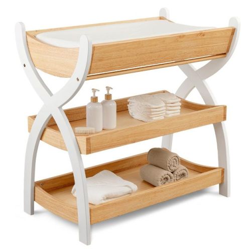 Comfy Cubs Baby Changing Table - Sturdy Wood Construction, Timeless Look with Two Open Shelves for Infant Essentials - Natural Wood With White Legs