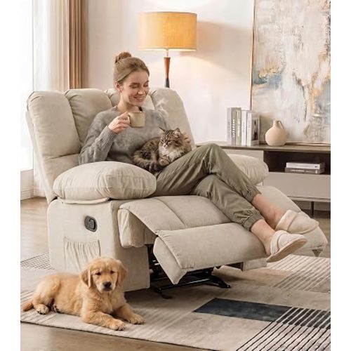 WILLOVE 44" Oversized Recliner Chair, Rocking Recliners, Overstuffed Soft Big Man Manual Rocker Recliner, Extra Large Leathaire Living Room Chair 350 LBS Capacity, Khaki, XL