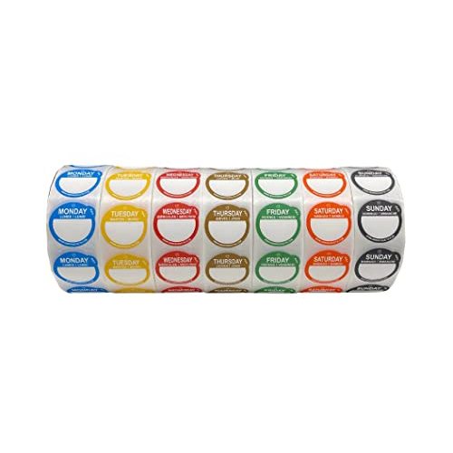 QSRProducts Removable Day Label - 1 inch - Peel Tab - Week (Mon-Sun) (7000 Stickers) - Food and Restaurant Day Dots - FIFO - Inventory Management Labels - Meal Prep Stickers