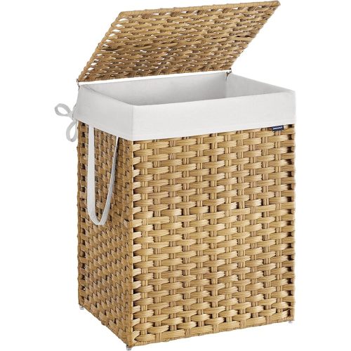 SONGMICS Laundry Hamper with Lid, 29.1 Gallon (110 L) Synthetic Rattan Clothes Laundry Basket with Lid and Handles, Foldable, Removable Liner, Goose Yellow ULCB152Y01
