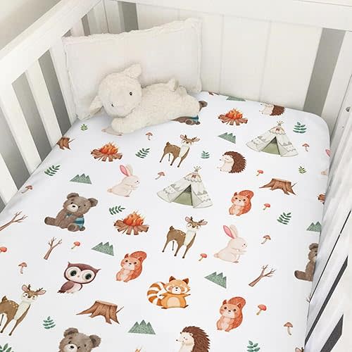 Camping Animals Baby Crib Sheets 52''x28'' Bear Raccoon Squirrel Deer Rabbit Hedgehog Owl Fitted Crib Mattress Cover for Boy Girl Nursery Bed Sheet for Standard Crib & Toddler Mattress