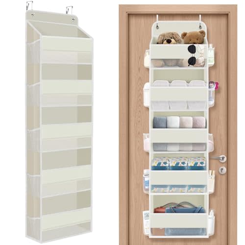 1 Pack Over The Door Organizer, Hanging Storage Organizer with Clear Window, 40lb Ultra Sturdy Large Capacity Room Organizer for Pantry Bathroom Nursery Closet Baby Essential (Beige)