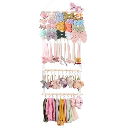 Hair Bow Holder - Wood + Cotton And Linen Rope Bowss Organizer For Girls, Necklace Display With 30 Hooks Storage | Easy Installation Bow Hanger For Bedroom, Room, Kids Closet, Playroom