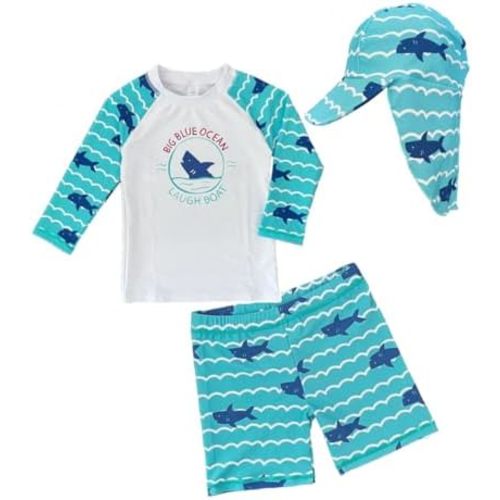 Baby Toddler Boys Two Pieces Swimsuit Set Swimwear Dinosaur Bathing Suit Rash Guards with Hat UPF 50+