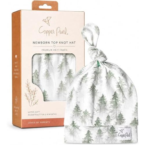 Copper Pearl Baby Beanie Hat Top Knot Stretchy Soft Evergreen