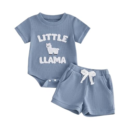 Little Llama Newborn Outfit Baby Boy 2Pcs Summer Clothes Infant Short Sleeve Letter Romper and Waffle Shorts Sets