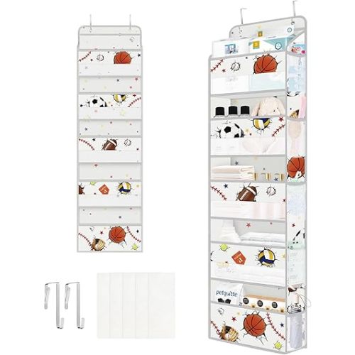 Clastyle 3D Sport Ball Over The Door Organizer Storage Baseball Basketball 5 Shelves Closet Nursery Hanging Shelves Clothes Diaper Stuffed Animal Toy Storage for Newborn Baby Essential