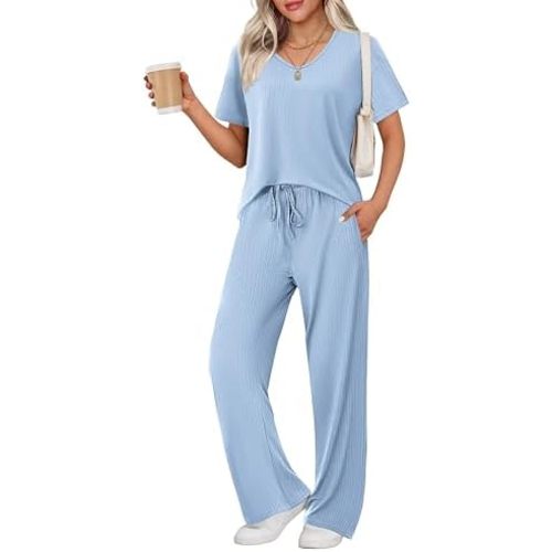 Ekouaer Womens Ribbed Knit Lounge Set Short Sleeve Top and Long Pants Sleepwear Pajama Set Two Piece Matching Outfits Set