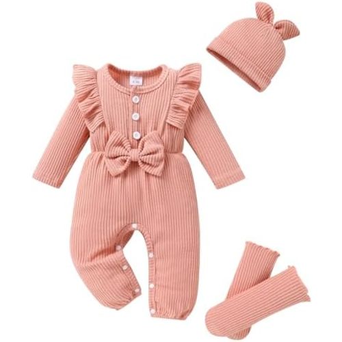YOUNGER TREE Baby Girl Clothes Newborn Infant Ruffle Romper Long Sleeve Sweater Jumpsuit Hat Socks Toddler Fall Winter Outfit