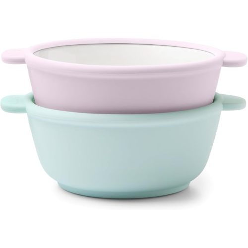 Ello Clean Start Ceramic Toddler Bowls with Sleeves, 2 Pack, Dewdrop/Sugarplum