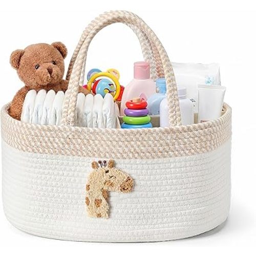Diaper Caddy Organizer Cotton Rope Diaper Caddy Basket Cute Giraffe Empty Gift Basket Nursery Storage Bin and Car Organizer with Removable Divider Baby Shower Gifts Newborn Essentials