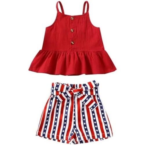Kucnuzki Toddler Baby Girl Clothes Summer Outfits Ruffle Sleeveless Linen Shirt Kid Short Set for Girl