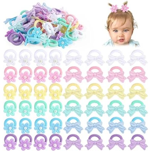 OAOLEER 48PCS Baby Hair Ties, Toddler Hair Ties No Damage with Flower, Soft Elastic Ponytail Holders Hair Accessories for Thick Hair Infants Baby Toddlers Little Girls, 1 Inch