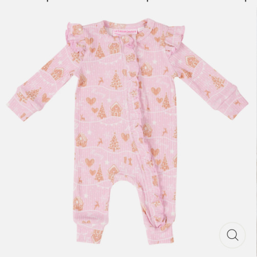 Cozy LS Frilly Zip Romper - Pink Christmas Village