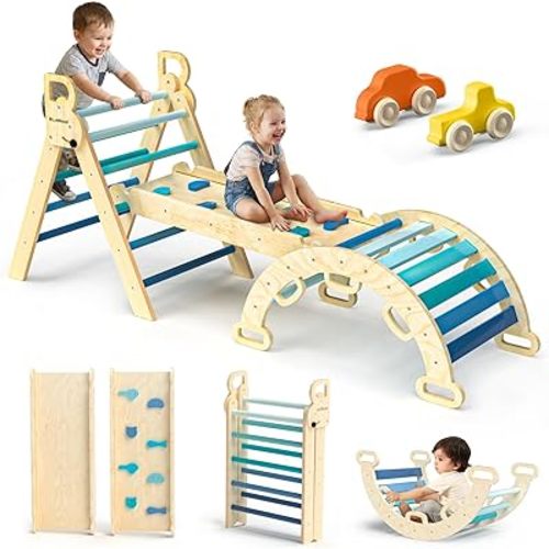 BlueWood Pikler Triangle Set 7-in-1 Foldable Baby Climbing Wooden Toys with Arch&Ramp&Ladder Climber Indoor Jungle Gyms for Toddlers - Natural Wood