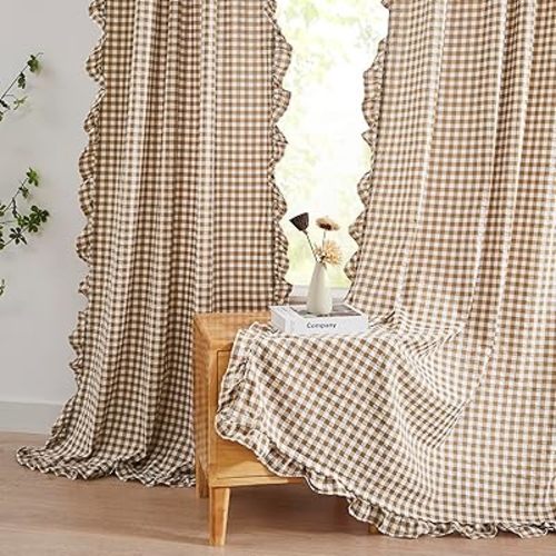 ZJDECOR Short Buffalo Plaid Crinkle Ruffle Curtains 63 Inch,Brown White Neutral Not-See-Through Drapes for Bedroom Living Room,Pretty Cute Farmhouse Window Treatment,Rod Pocket,40" Wx63 L(Pack of 2