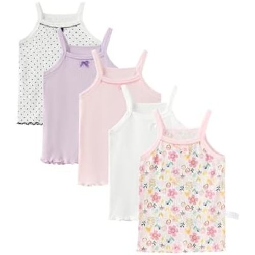 5-Pack Girls Cotton Cami Tank Top Undershirt | Fade-Resistant | for Dance Ballet Gym | Floral & Solid Colors Size3-12Y