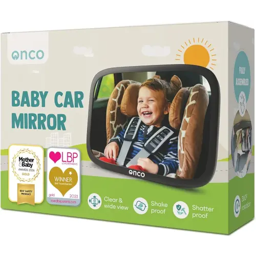 Onco Baby Car Mirror Rear Facing - Double Award-Winning Convex Car Mirror for Baby, 100% Shatterproof & Shakeproof with 360° Rotation, Newborn Essentials (9.6 x 6.9 in)