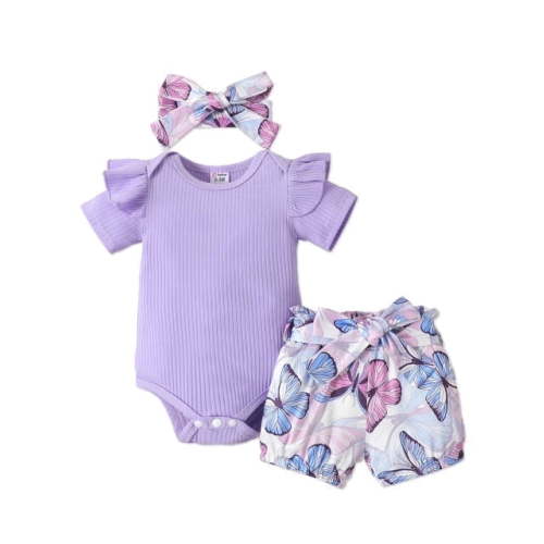 PatPat Baby Girl Outfit Sets Butterfly Print Shorts and Purple Bodysuit Headband Gift for Baby Girl 0-3 Months