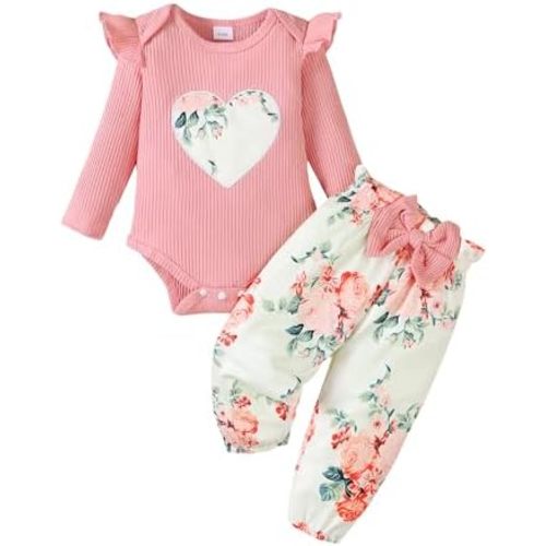 Jecson Newborn Baby Girl Clothes: Soft Cotton Infant Outfits Ruffles Sleeve Romper & Pants Set Cute Fall Home Outing 0-18M