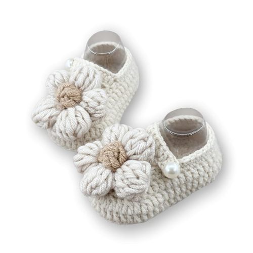 Handcrafted Baby Shoes, Beige Crochet Flower with Pearl, Knit Infant Slippers