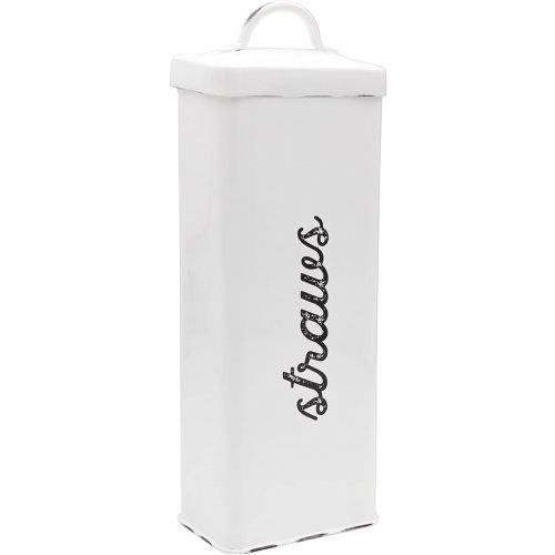 AuldHome Design Farmhouse Enamelware Straw Holder (White); Rustic Metal Straw Storage Canister