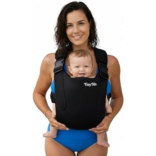 TinyTide Baby Carrier Black - Ergonomic Neoprene Infant Carrier with M Seat - Water & All-Season Use - Adjustable Straps, Lightweight- 4-15kg, 2 Months to 2 Years