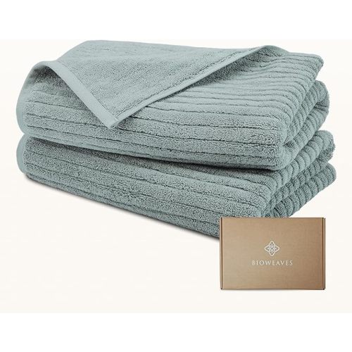 BIOWEAVES 100% Organic Cotton 700 GSM Luxury Ribbed Bath Towel Set for Bathroom 30" x 58" GOTS Certified - ICY Fjord, Pack of 2