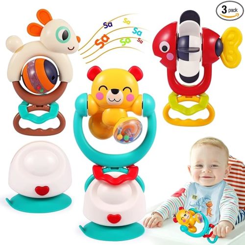Baby Toys 6-12 Months Infant Toy Set of 3 High Chair Suction Cup Rattle Teething Toys for Babies 6 7 9 12-18 Months 2-in-1 Sensory Development Tray Toy Baby Gifts for Boys Girls