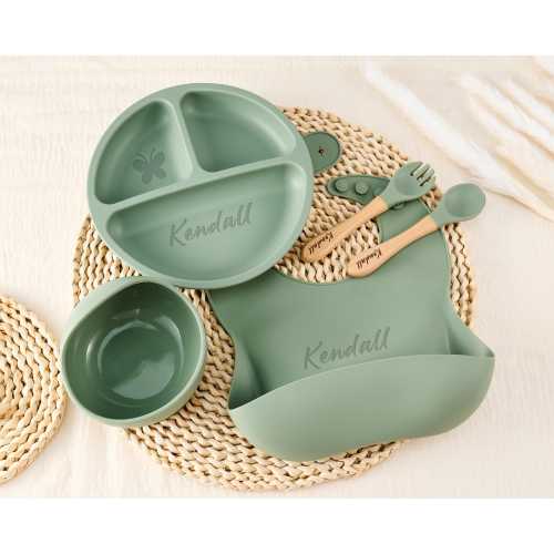 Engraved Weaning Set, Personalized Silicone Baby Plate Set with Name, Cartoon Feeding Kit, Custom Toddler Bowl & Bib, Kids Eating Gift